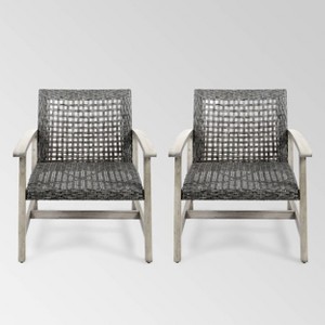 Hampton 2pk Wood & Wicker Mid-Century Club Chairs - Light Gray/Black - Christopher Knight Home: Weather-Resistant Patio Furniture - 1 of 4