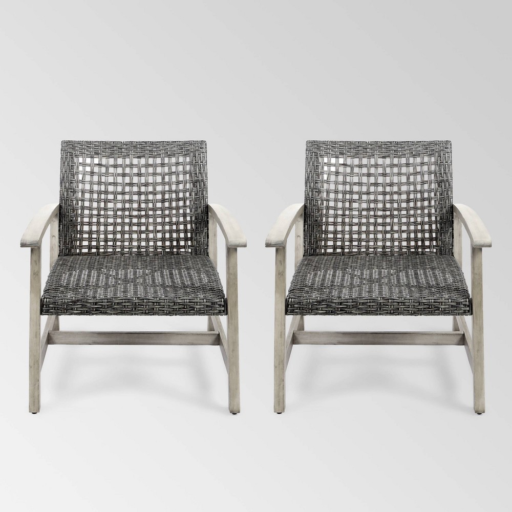 Photos - Garden Furniture Hampton 2pk Wood & Wicker Mid-Century Club Chairs - Light Gray/Black - Chr