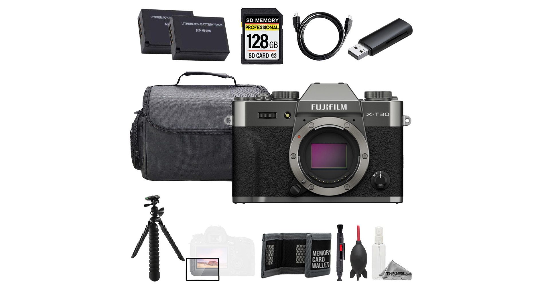 Fujifilm X-T30 III Mirrorless Camera Kit – Charcoal Silver with 128GB Memory, Extra Battery & Tripods