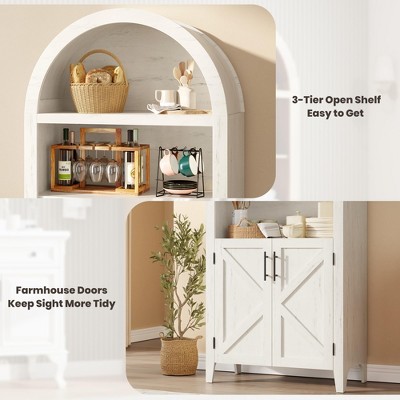 Promotional collage highlighting features like 3-tier open shelf and farmhouse doors