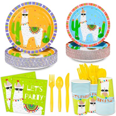 DYLIVeS 168 Pcs Llama Birthday Decorations, 9" Dinner & 7" Dessert Plates, Cups, Cutlery, Cactus Baby Shower Decorations, Alpaca Party Supplies