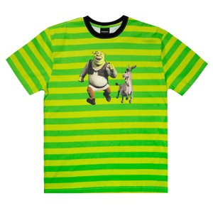 Shrek Donkey & Shrek Adult Green Striped Crew Neck Short Sleeve T-shirt - 1 of 2