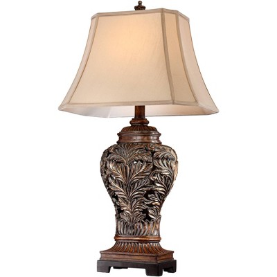 Bronze Carved Leaf Table Lamps with Tan Shades, Set of 2