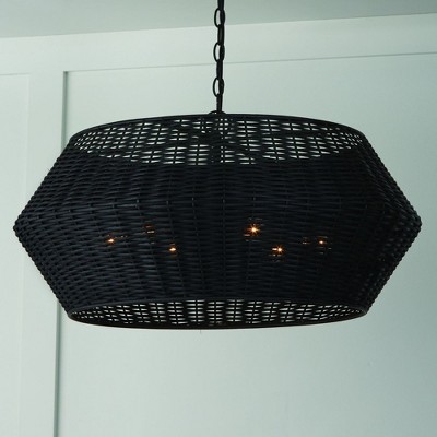 Matte Black Woven Rattan Drum Pendant Light