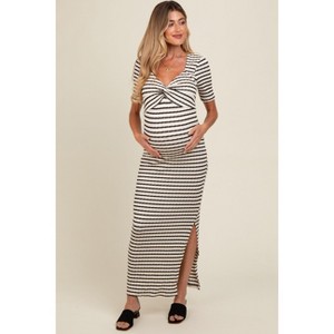 PinkBlush Ivory Black Striped Knit Short Sleeve Maternity Maxi Dress - 1 of 4