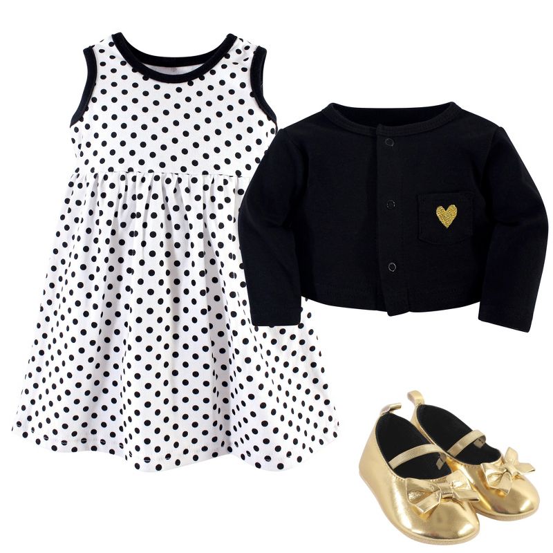 Hudson Baby Infant Girl Cotton Dress, Cardigan and Shoe 3pc Set, Black Dot, 3 of 7