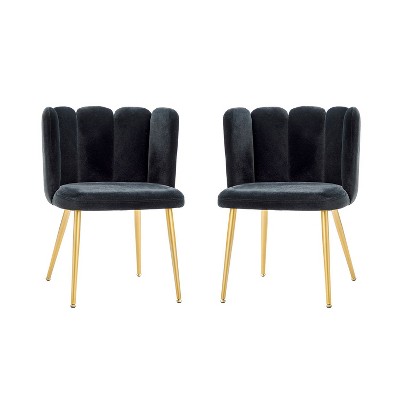 Set of 2 Barbara Velvet Vanity Stool For Makeup Room, Moden Accent Side Chairs For Living Room With Golden Metal Legs| ARTFUL LIVING DESIGN-BLACK