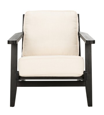 Bone White Linen and Black Oak Mid-Century Arm Chair