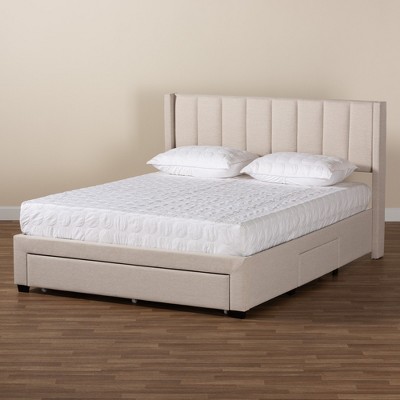 Beige Upholstered Full Wingback Bed with 3 Storage Drawers