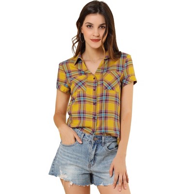 Allegra K Women's Classic Short Sleeve Button Down Plaid Shirt