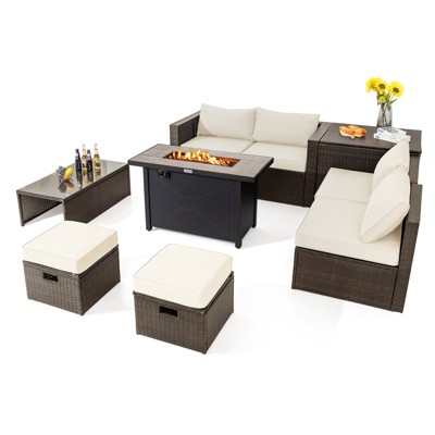 Tangkula 9 Pieces Outdoor Patio Furniture Set with 42" Propane Fire Pit Table Outdoor PE Wicker Space-Saving Sectional Sofa Set Black/Gray/Navy/Red/Turquoise/Off White