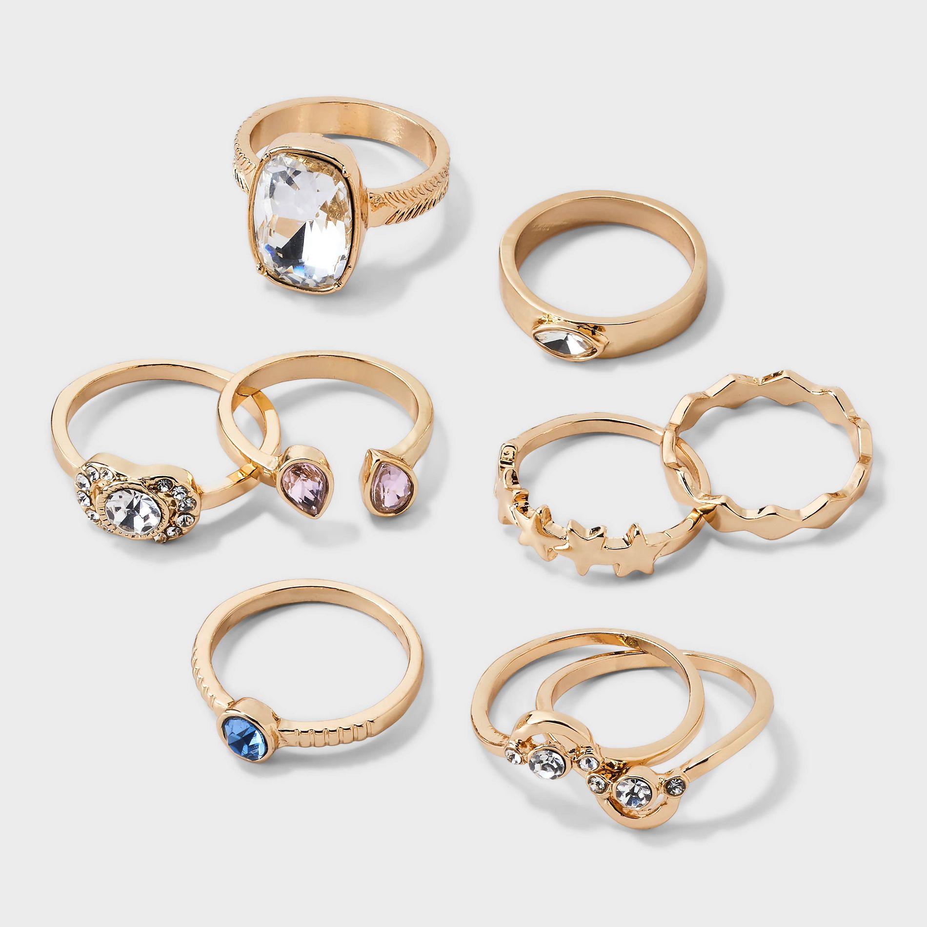 Star & Rhinestone Ring Set 8pc - Wild Fable™ Gold