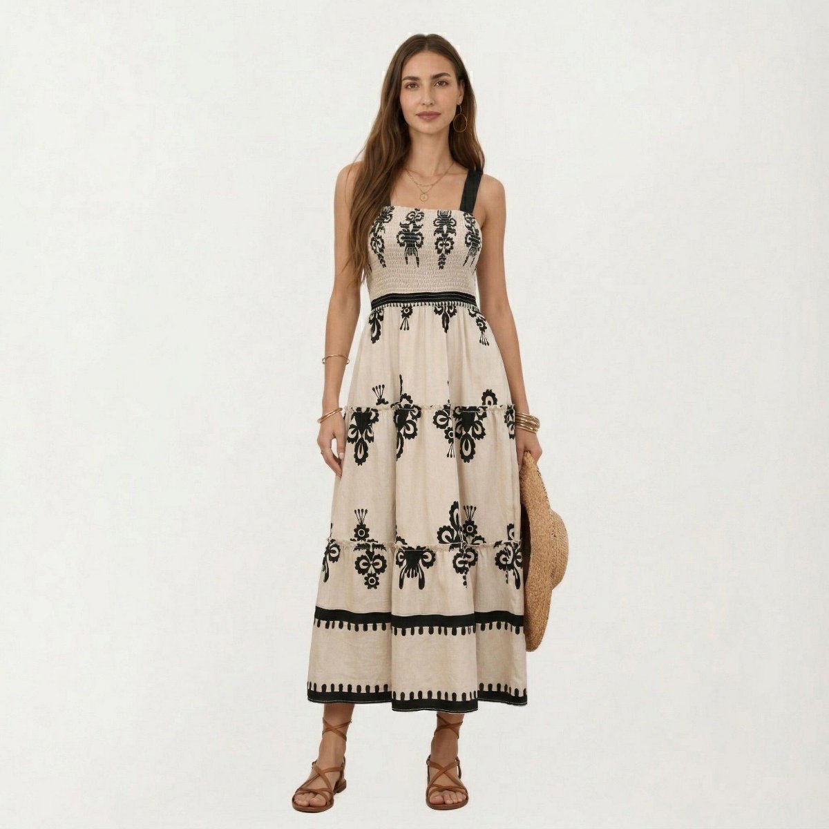 Женские платья Anna-Kaci Women's Sleeveless Smocked Midi Dress with Wide Straps Tiered Skirt and Bohemian Floral Print Design - X Large, Light Beige — фото 2