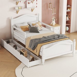 Twin/Full Size Wooden Bed Frame, Platform Bed Frame with 2 Storage Drawers and Guardrail, Wood Slats Support, No Box Spring Needed Wh - 1 of 4