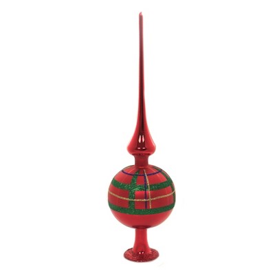 Inge Glas 14.0" 14" Red Matte Plaid Finial Tree Topper Free Standing  -  Tree Toppers