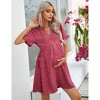 Maternity Swiss Dot Dress Summer V Neck Short Sleeve Button Down Mini Dress Baby Shower Photoshoot with Pockets - 3 of 4