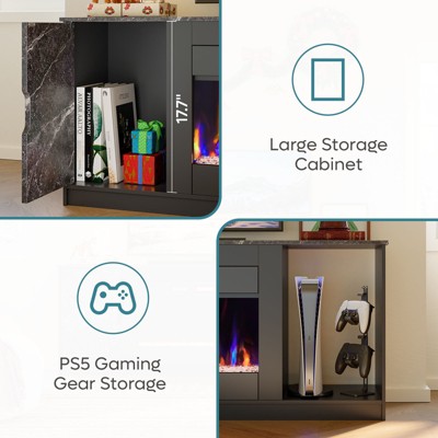 Black Marble 70" Modern Fireplace TV Stand with LED Lights and Storage