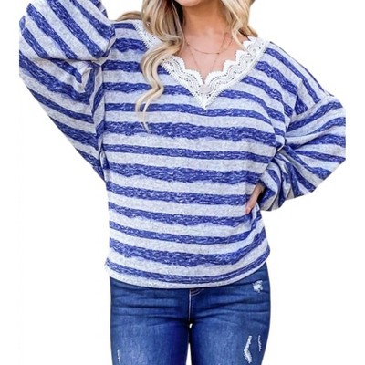 Women's Striped Lace Detail V Neck Top - And The Why