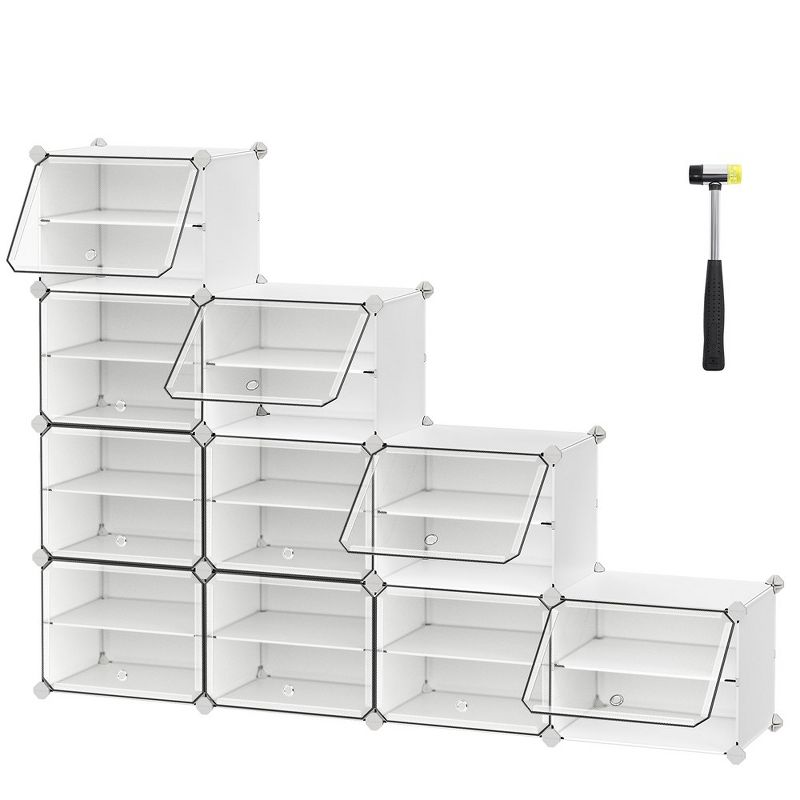 White 10-Cube Stackable Shoe Organizer with Doors and Steel Frame