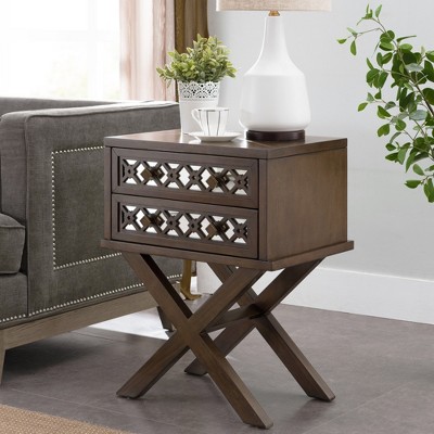 Walnut Mirrored Diamond Filigree 2-Drawer X Base Nightstand