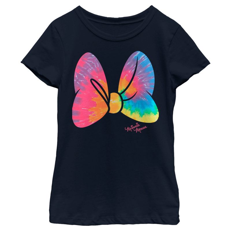 Girl's Minnie Mouse Tie-Dye Rainbow Pattern Bow T-Shirt, 1 of 5
