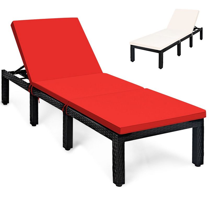 Tangkula Patio Lounge Chair Rattan Chaise w/ Adjustable Navy/Red & Off White Cushioned, 1 of 8