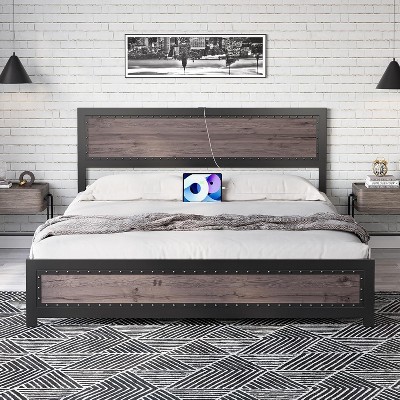 Homhougo Full Size Bed Frame with Headboard, Industrial Platform Bed Frame with Charge Station, No Box Spring Needed, Easy to Assemble, Gray