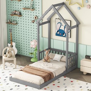 CAVINAS Kids Montessori Bed with House-shaped Headboard,Wood Floor Bed with Semi-fence Design,Twin/Fill Size Toddler Bed for Bedroom,Gray/White/Brown - 1 of 4
