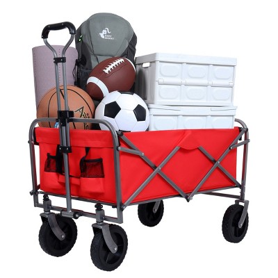 YONWAY Collapsible Utility Wagon Cart, Beach Wagon,Utility Cart Adjustable Handle 29-39 inch, Heavy-Duty Steel Frame, with Cup Holders,Red