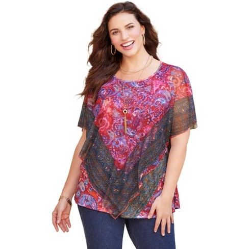 Catherines Women's Plus Size Duster Duet Blouse - 2x, Red Paisley ...