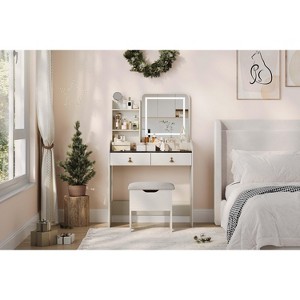 Makeup Vanity Table with LED Lighted Mirror, Vanity Table Set with 2 Drawer & Charging Station, Small Vanity Desk Set with Storage Stool, Femal Gift - 1 of 4