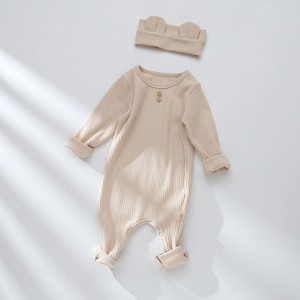 MyKids-Usa Baby Solid Color Pit Strip Graphic Long Sleeves Soft Cotton Romper Jumpsuit With Headband - 1 of 4