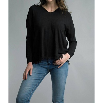 Women's V-Neckline Fringe Hem Sweater - TEMPO PARIS