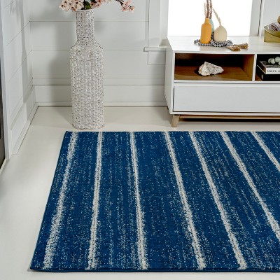 Navy and Cream Rectangular Striped Synthetic Area Rug 3' x 5'