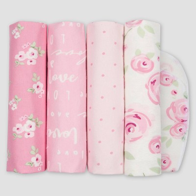 Gerber Baby Girls' 4pk Floral Flannel Blanket - Pink/Off-White