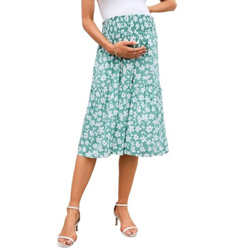 Funjuly Women s High Elastic Empire Waist Maternity Skirt Summer Casual Floral Pleated Swing A Line Flowy Midi Skirts With Pockets Green Flower 2xl Target