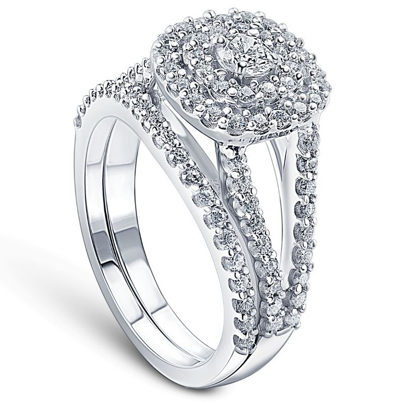 Pompeii3 1 1/10 Ct Lab Created Diamond Cushion Halo Engagement Wedding Ring Set White Gold, 2 of 6