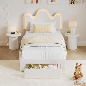 Full Platform Bed for Kids, Adjustable Boucle Headboard, Storage Drawer, Lamb Fleece Upholstery, Wooden Slats, No Box Spring, Pink - 1 of 4