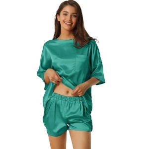 cheibear Women's Soft Satin Short Sleeve T-Shirt with Pockets and Shorts Pajama Sets 2 Pcs - 1 of 4