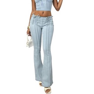 パンツ HIGH WAIST BELL-BOTTOM DENIM PANTS Women Flared Jeans Bell Bottom Denim Pants with Drawstring Waist