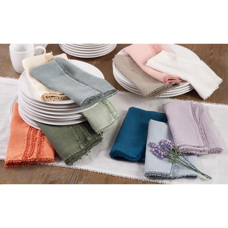 Saro Lifestyle 100% Linen Pompom Design Dinner Table Napkins (Set of 4), 4 of 6