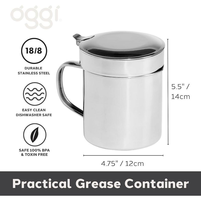 OGGI Stainless Steel Grease Container with Handle, Removable Strainer and Flip Top Lid, 2 of 8