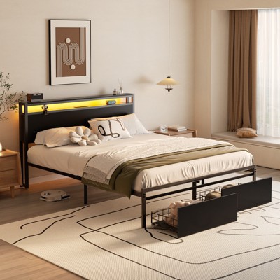 Aheaplus Platform Bed with Hidden Drawers, Storage Headboard, LED Light, and Charge Station