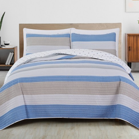 Great Bay Home Stripe Reversible Quilt Set With Shams (king, Blue ...