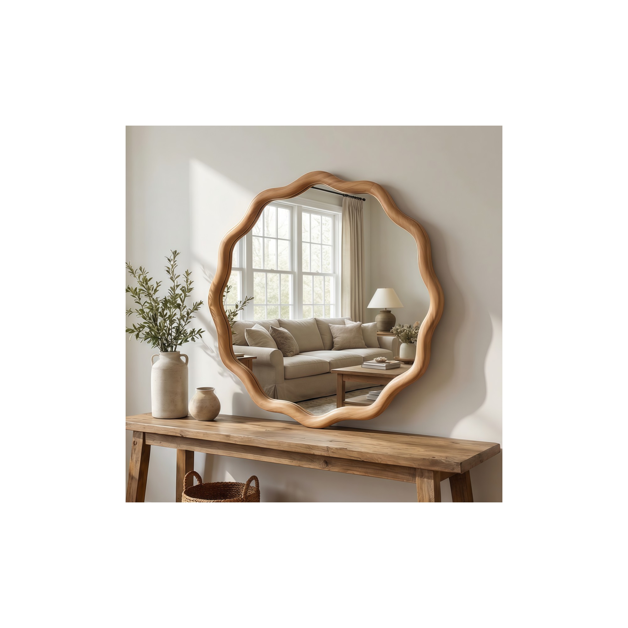 24" Round Wall Mirror, Oak Wavy Wood Frame Accent Mirror, Decorative Vanity Mirror for Entryway, Bathroom, or Living Room-Panipeachy