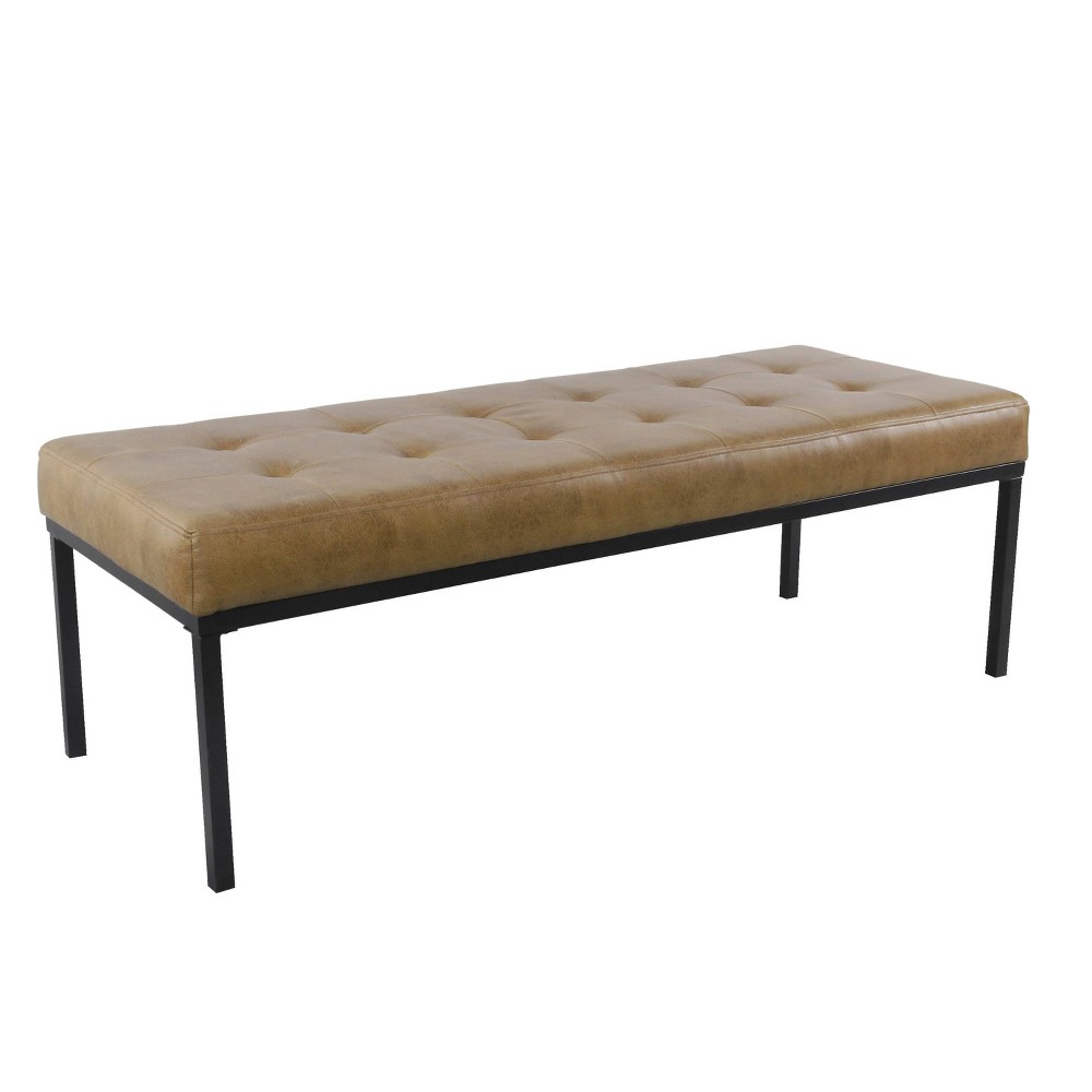 Tufted Metal Bench Vegan Leather Light Brown - HomePop: Upholstered Ottoman, Plywood Frame, Foam Fill