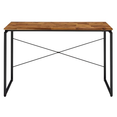 Vynxaria Oak Black Desk with Metal Sled Legs Contemporary Base Design Writing Table for Home Office