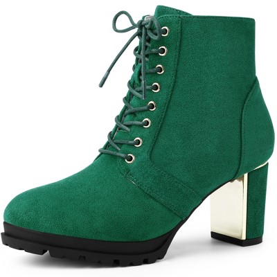 BLISSFUL STEP Women's Round Toe Lace Up Chunky Heel Combat Boots