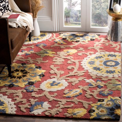 Handmade Red Wool Tufted Floral Square Rug