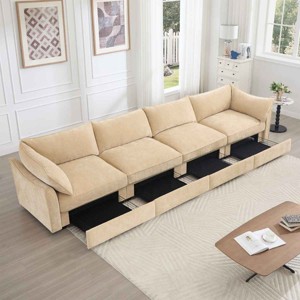 4-Seater Sofa with Pull-Out Storage Drawers, Sofa with Crescent Armrests and Piped Edge, Upholstered Chenille Sofa with Cushion-Coolbibila - 1 of 4